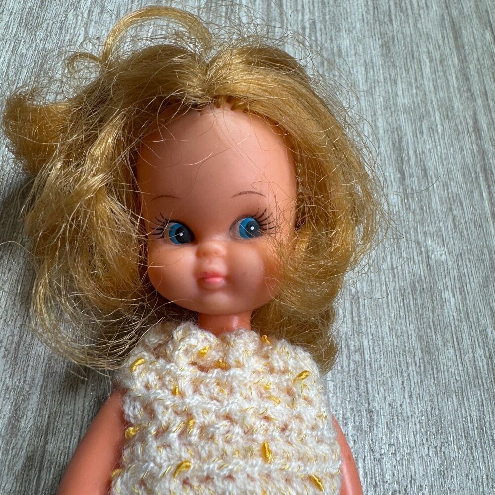 Vintage Blue Box Doll Blonde Girl Blue Eyes 8" Crochet Dress Hong Kong